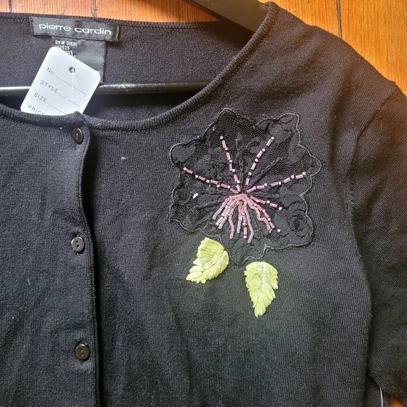 NWT Silk Black Beaded Cardigan Pierre Cardin, sz L-XL - Picture 3 of 10